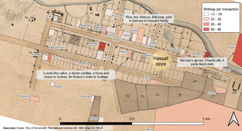 Relational map of shillings spent per household at Hassall’s store, 1803–4